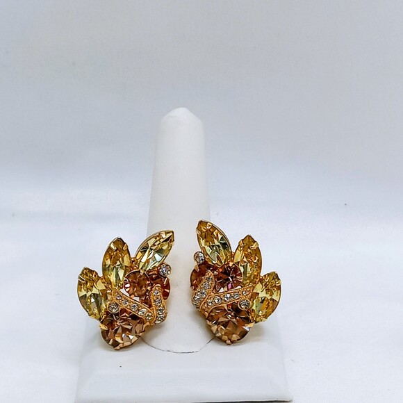 Eisenberg Ice Dazzling Earrings Champagne and Citrine Crystal Rhinestone Clip On - Picture 2 of 5